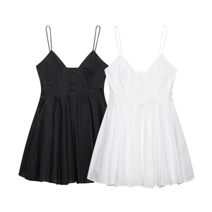 Mini Robe Sexy à Fines Bretelles et Col en V pour Femmes Élégante Été Couleur Unie Ligne A Plissée Robe Courte de Plage Décontractée