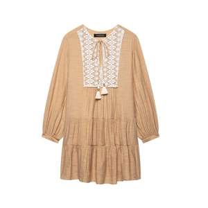 Women's Bohemian Tiered Mini Dress Crochet Lace V-Neck Long Sleeve Tassel Loose Fit Khaki Orange Casual Summer Ruffle Dress