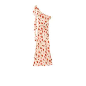 Women's Elegant One Shoulder Rose Floral Maxi Dress With Ruffles And Waist Tie Chiffon Sleeveless Asymmetric Long Dress