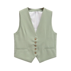 Gilet classique femme vert sauge avec col en V et fermeture à cinq boutons