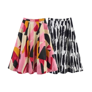 Women's 2025 spring midi skirts with abstract geometric and brushstroke print patterns