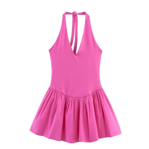 Summer halter neck mini dress in rose pink with deep V-neck and pleated flared skirt