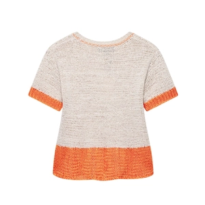 Women's cream short sleeve knit sweater with orange contrast trim and crew neck style