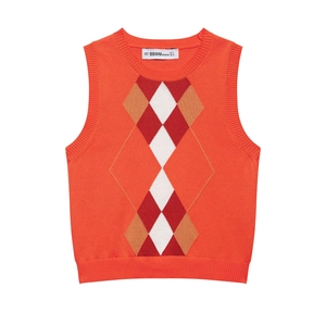Damen Retro Argyle Strickweste Preppy-Stil Rundhalsausschnitt Ärmelloser Pullover Orange Rot Geometrisches Muster Stricktop