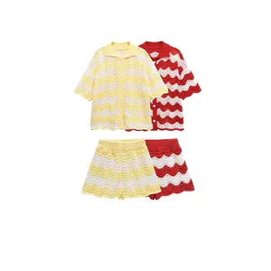 Women Hollow Out Knit Wave Stripe Button Short Sleeve Shirt And Shorts Co-ord Outfits Contrast Color Chevron Summer Knitwear