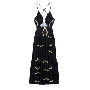 Black backless maxi dress with beige geometric print and chic metal ring cutout detail