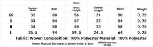 Tableau des tailles pour robe d'été en mousseline avec mesures et détails du tissu tissé