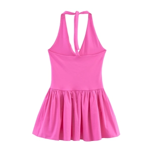 Halter neck rose pink backless summer dress with flared skirt and deep V-neckline