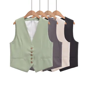 Gilet de Costume Vintage pour Femmes Col en V Simple Boutonnage Sans Manches Veste en Polyester pour Bureau Quotidien