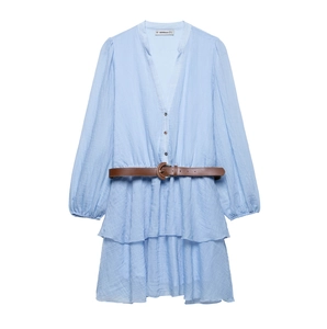 Robe Midi à Volants Manches Longues Col en V pour Femmes Avec Ceinture Bleu Ciel Texturé Jupe Gâteau Décontracté Été