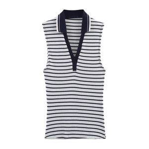 Women's slim fit sleeveless ribbed knit polo shirt with navy and white stripes