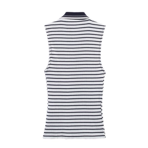 Women's sleeveless ribbed polo top featuring classic horizontal stripes and slim fit design