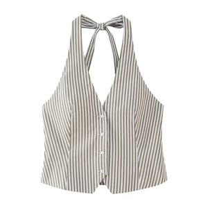Chaleco de mujer con cuello halter a rayas con botones en caqui y azul claro