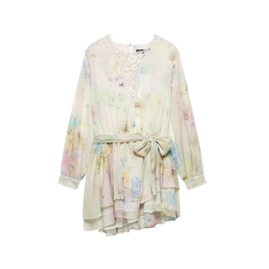 Women Summer Floral Chiffon Mini Dress Lace V Neck Lantern Sleeve Butterfly Belt Ruffle Casual Vacation Beach Party Dress