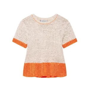Women Casual Contrast Trim Short Sleeve Knit Top Round Neck Hollow Crochet Sweater Pullover Summer Beach Streetwear