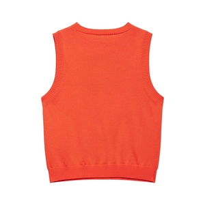 Rückansicht der leuchtend orangefarbenen ärmellosen Strickweste mit Rundhalsausschnitt