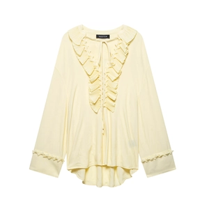 Women's V-neck ruffle blouse in pale yellow with long sleeves and lace-up tie detail