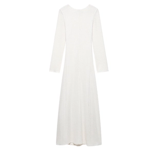 White textured waffle knit long sleeve midi dress with a slim fit and round neckline