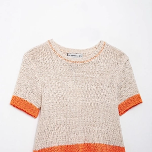 Women's casual knit short sleeve sweater with round neck and orange contrast trims