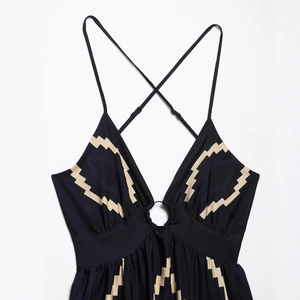 Deep blue backless summer dress with beige geometric print and front metal ring detail