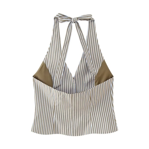 Conjunto de verano de top halter a rayas y pantalones con patrón vertical marrón