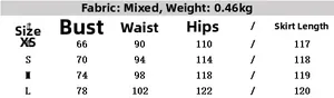 Detailed size guide table for women dot print maxi dress with fabric and weight info