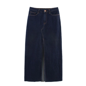 Jupe midi en jean bleu foncé pour l'été avec taille haute et fente frontale stylée