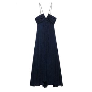 Elegant navy blue polka dot V-neck midi dress with thin spaghetti straps for summer