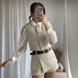 Elegant Women Sleeveless Tweed Vest And Skort Top And Bottom Set With Gold Buttons Belt Solid Beige Summer Fashion Casual Outfit