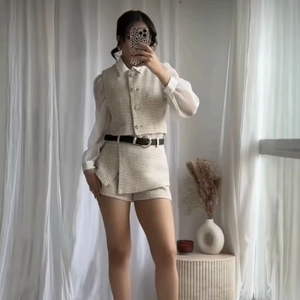 Three-piece women's set with tweed vest, white chiffon shirt and matching skirt