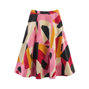 High-waisted A-line midi skirt with colorful abstract geometric print and artsy graffiti