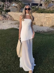 White halter neck tube dress with mesh splicing and light flowing chiffon hem details