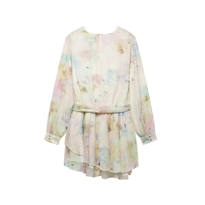 Floral chiffon long sleeve dress with lace collar and matching waist belt for women