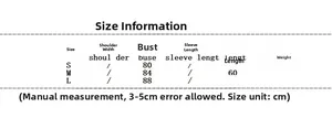 Size chart for knit top showing bust and length measurements in centimeters for S, M, L