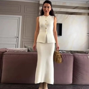 Women Elegant Knit Ribbed Sleeveless Button Vest Top And High Waist Split Maxi Skirt Summer Fashion Casual Co-ords Suit