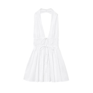 Women Sexy Backless Halter Dress Deep V-Neck Drawstring Waist Pleated Button Front Midi Dress For Summer Vacation