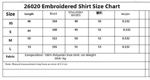 Size chart for floral embroidery poplin cotton shirt including measurements and fabric info