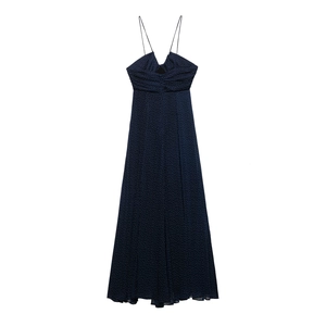 Elegant navy blue polka dot maxi dress with thin spaghetti straps and V-neck design