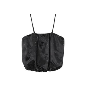Tube Top en Satin avec Strass Sexy Bretelles Spaghetti Froncé Crop Top pour Femme Élégant Noir Brillant Sans Manches