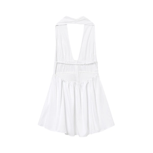 Sexy backless white halter dress with deep V-neck and tie-up details for summer vacation