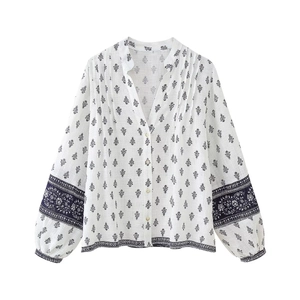 French style bohemian white long sleeve blouse with blue floral print and lantern sleeves