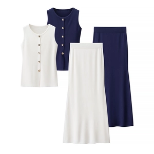 Women's two-piece knitted set featuring a button-up vest and a long A-line skirt in navy