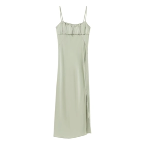 Sage green satin slip dress with thin straps and ruched bust detail on white background
