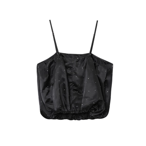 Haut caraco bouffant en satin noir pour femme avec strass et fines bretelles