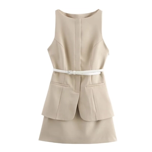 Elegant beige sleeveless blazer dress with thin white belt for 2025 summer workwear