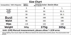 Guide des tailles pour robe sans manches bleu denim avec mesures et infos matières