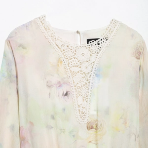 Women crochet print floral dress with elegant butterfly belt and v-neck lace trim