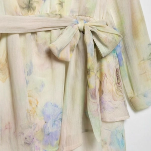 Floral crochet print chiffon dress with a waist bow tie and vertical pleat texture