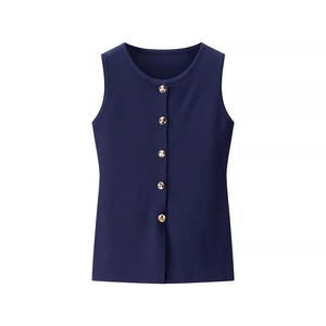 Close-up of navy knit vest featuring five decorative round gold buttons and premium texture