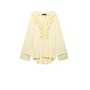 Elegant Women V Neck Ruffle Trim Long Sleeve Blouse Vintage Light Yellow Tie Neck Pleated Chiffon Shirt Casual Loose Top